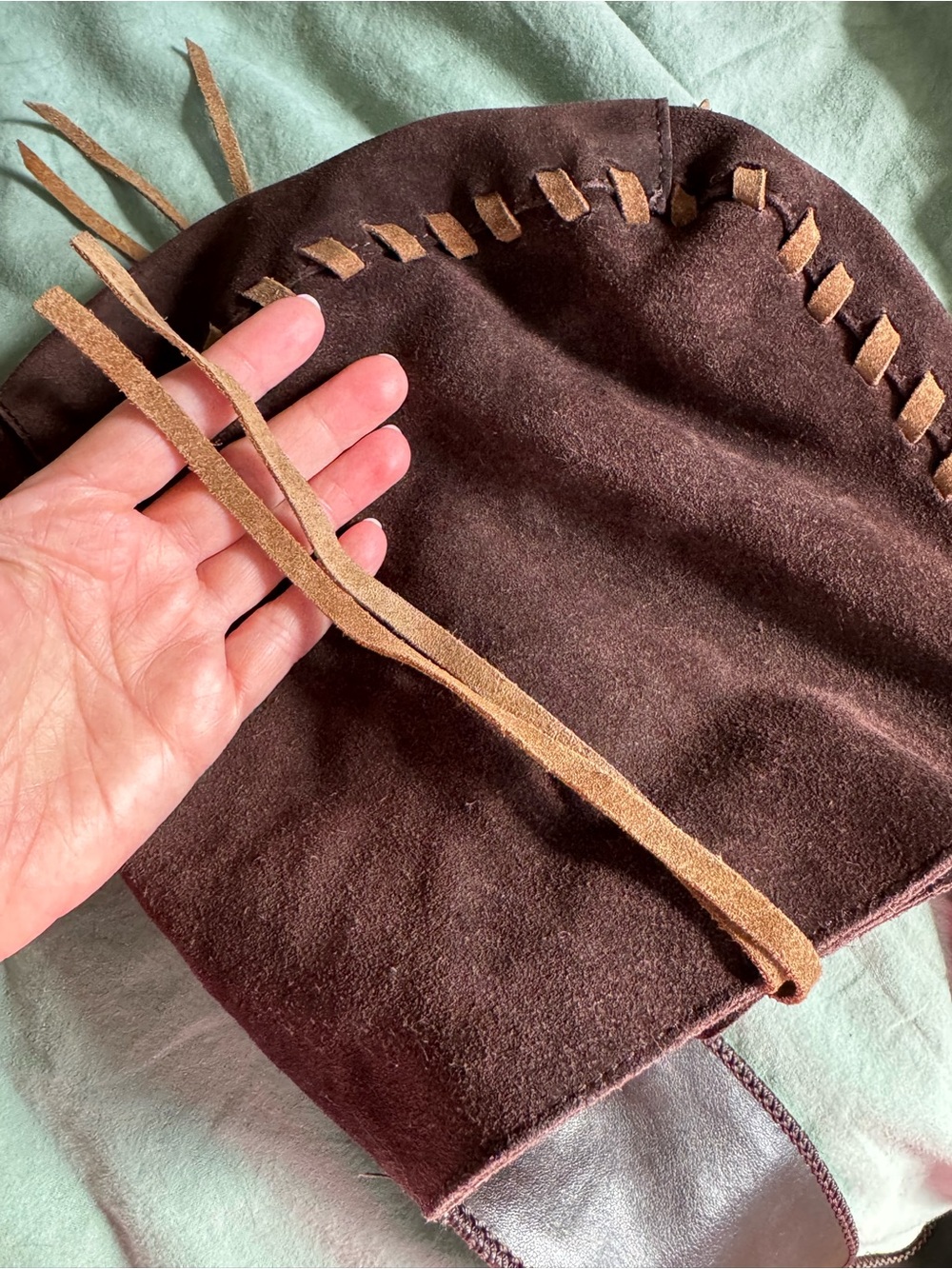 ⁠Y2K Express Brown Genuine Suede Leather Whipstitch Floral Flower Hobo Bag - Picture 10 of 11